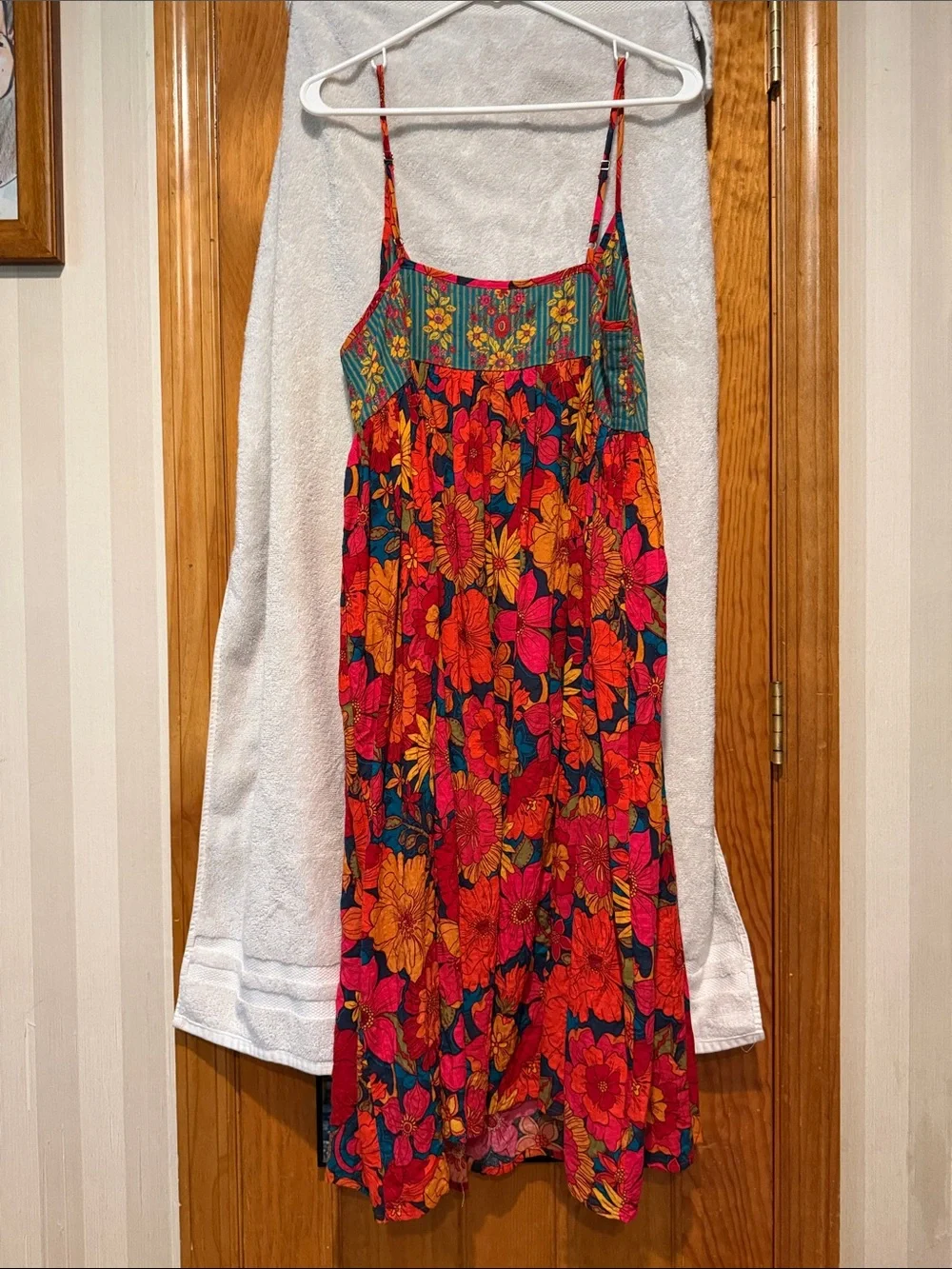 NATURAL LIFE Teal Stripe Floral Gigi dress with Pink & Orange Trim